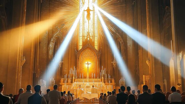 During Eucharistic Adoration in a Catholic church, worshippers are very reverent, and the atmosphere is one of prayer and contemplation.