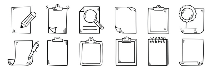 Hand drawn memo paper sheet icon set in flat style. Doodle sketch vector illustration on isolated background. Doodle page sign business concept.