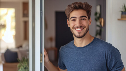 Proud man smiling as he welcomes guests to his new home, capturing the joy of homeownership and accomplishment