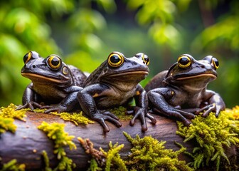 A trio of black frogs with vibrant golden eyes perch on a moss-covered log, surrounded by lush green