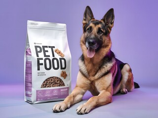 German shepherd posing beside a white pet food package labeled Pet Food, against a bright purple background.