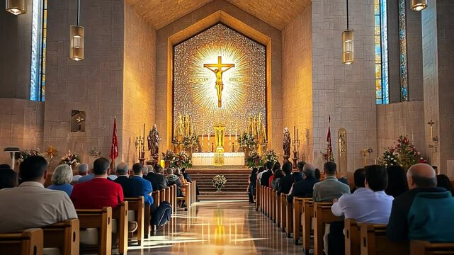 During Eucharistic Adoration in a Catholic church, worshippers are very reverent, and the atmosphere is one of prayer and contemplation.