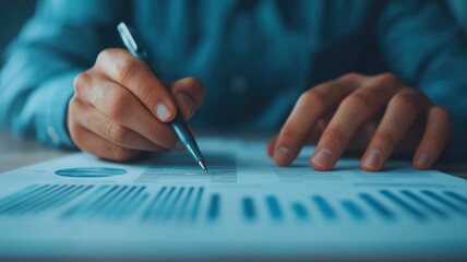 Fototapeta premium A close-up of a person writing on a report with graphs, illustrating data analysis and business strategy development.