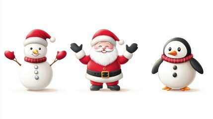 Vector illustration of Christmas icons: Santa Claus, snowman, and penguin, all waving and