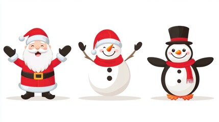 Vector illustration of Christmas icons: Santa Claus, snowman, and penguin, all waving and
