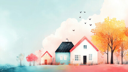 A serene landscape featuring colorful houses and autumn trees under a dreamy sky with soft pastel hues and flying birds.