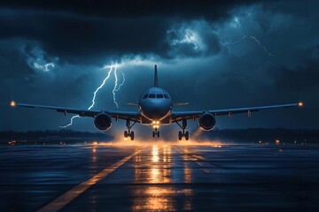 Airplane landing on a runway in a stormy night with lightning strikes in the background.