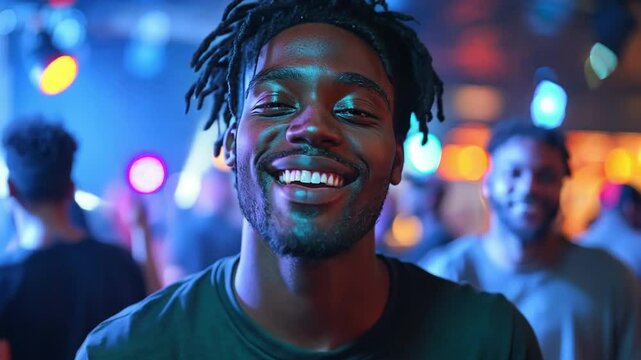 A young, multiethnic man dancing in a purple neon-lit nightclub against his buddies and the deejay while wearing a trendy black and green t-shirt