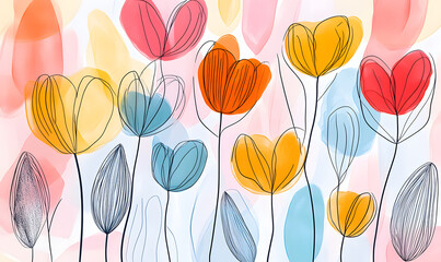 Fototapeta premium 2D illustrator doodle-style floral and leaf graphics on a white background or wallpaper