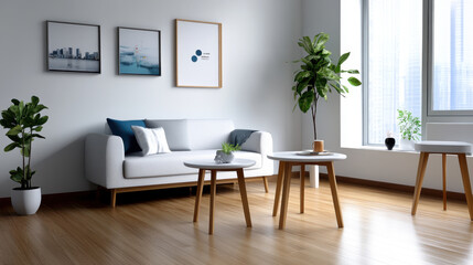 Fototapeta premium Bright living room featuring a white sofa, wooden furniture, indoor plants, and framed artwork on a clean wall.
