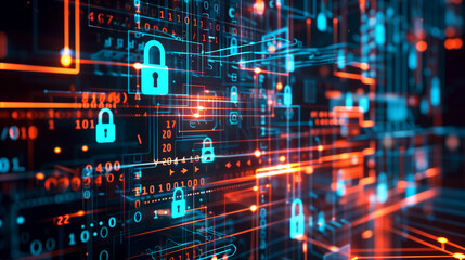 Obraz premium digital data protection cyber security management system visualization through virtual display of icons or digital padlock or virtual layer of binary codes