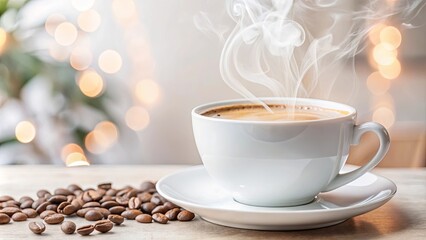 A steaming cup of coffee surrounded by scattered coffee beans and glowing bokeh lights, creating a warm and cozy ambiance. Perfect for coffee shops or morning-themed content...