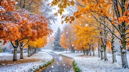 A bright, sunny autumn day in a park, where vibrant orange leaves are lightly dusted with snow, creating a magical contrast between the warm sunlight and cold snow...