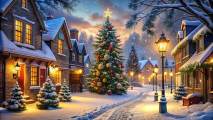 A beautiful Christmas village at night, covered in snow, featuring a large decorated tree with glowing lights and cozy houses. Ideal for holiday, winter, and Christmas content...