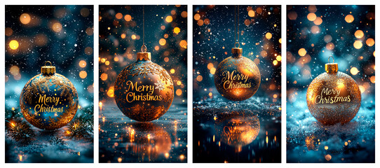 A vertical banner of blue and gold Christmas baubles with glitter and background sparkles advertising social media story background set