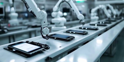 Robot arms assembling smartphones on a production line.