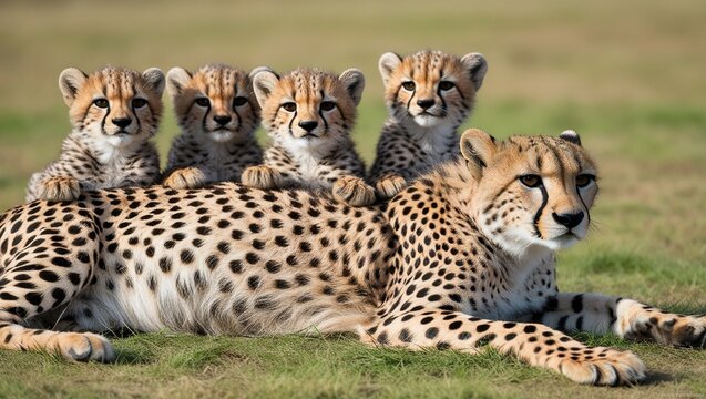 baby cheetahs lie on the grass, folding their paws on the mother lying next to them