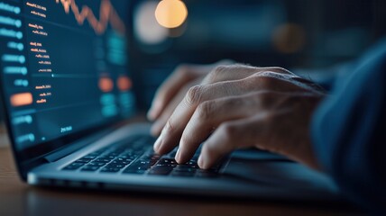 Close-up of hands typing on a laptop, analyzing data with graphs on the screen in a modern workspace. Ideal for business themes.