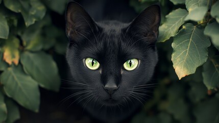 Black Cat with Green Eyes Hiding in Foliage