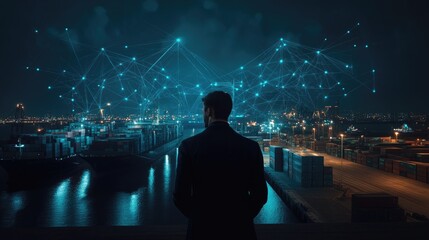 Fototapeta premium A lone businessman stands overlooking a bustling port at night, illuminated by the glow of digital networks.