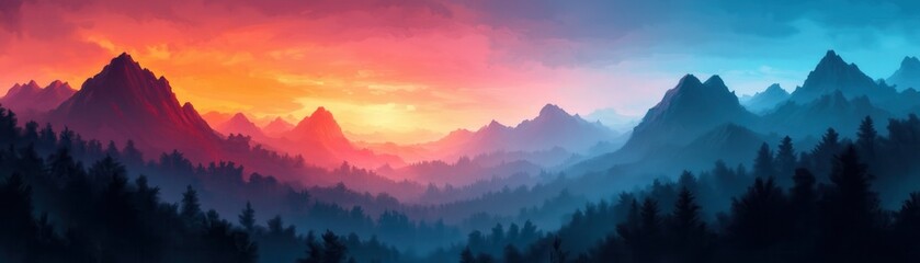 Obraz premium Stunning mountain landscape at sunset with vibrant colors illuminating the sky and silhouettes of trees along the horizon.