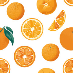 Seamless pattern depicting orange fruits in pastel watercolors cut and isolated on transparent background. Whole orange, slice, slice, with leaf.