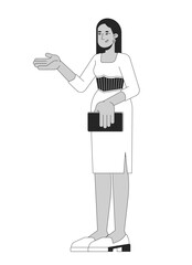 Gesturing presenter woman in elegant dress black and white 2D line character. Middle eastern female tv host isolated vector outline person. Anchorwoman holding tablet. Monochromatic spot illustration