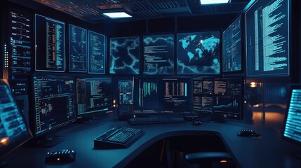 A hacker's workspace with multiple monitors displaying code, data, and a world map. The room is dimly lit with blue hues.