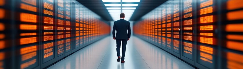 Fototapeta premium Businessperson walking through a dark alley lined with glowing investment opportunities, unaware of lurking financial traps