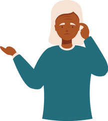 Senior woman feeling confused and forgetful, touching her head, having memory loss symptoms, dementia, alzheimer disease