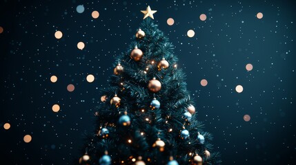 Fototapeta premium Christmas Tree with Gold and Blue Ornaments and Lights