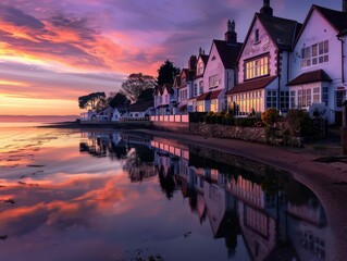 Fototapeta premium Seaside village at dawn, serene and picturesque, Coastal, Soft hues, Photograph, Morning calm