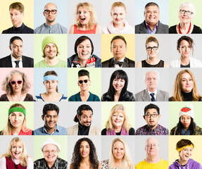 Collage, people and portrait for diversity in fashion, style or creativity in trendy outfit. Group, composite and smile for inclusion, generations or multicultural with happiness on studio background