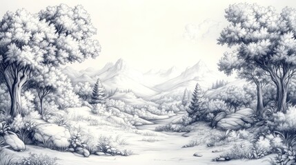 Serene landscape with mountains, trees, and a flowing river.