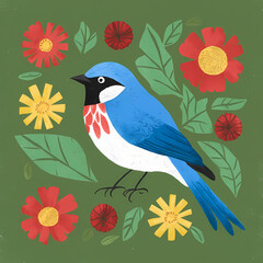 Fototapeta premium Bluebird Illustration With Vibrant Flowers On Branch