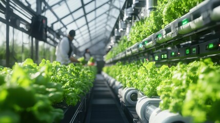 A futuristic greenhouse with automated systems and farmers observing the technology in action.