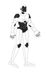 Robot android walking black and white 2D line character. Futuristic robotics humanoid isolated vector outline personage. Science fiction high tech technology. Futurism. Monochromatic spot illustration