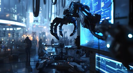 Fototapeta premium A robotic arm in the foreground is working on an industrial machine, surrounded by people and blue lights. The scene has a futuristic feel with a focus on technology and industry. In front of it, ther