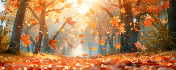 Obraz premium Panoramic background with falling autumnal leaves. Autumn and thanksgiving concept.