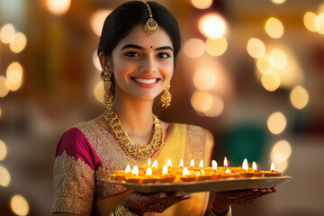young indian woman celebrating diwali festival at home
