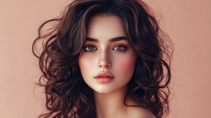Naklejka premium A beautiful Persian woman with dark brown hair styled in soft curls, her soft pink blush