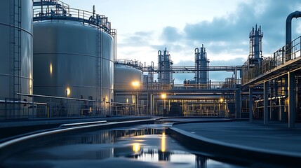 Obraz premium Biogas station infrastructure, displaying sharp images of processing tanks, pipelines, and a control room, with a clear industrial background