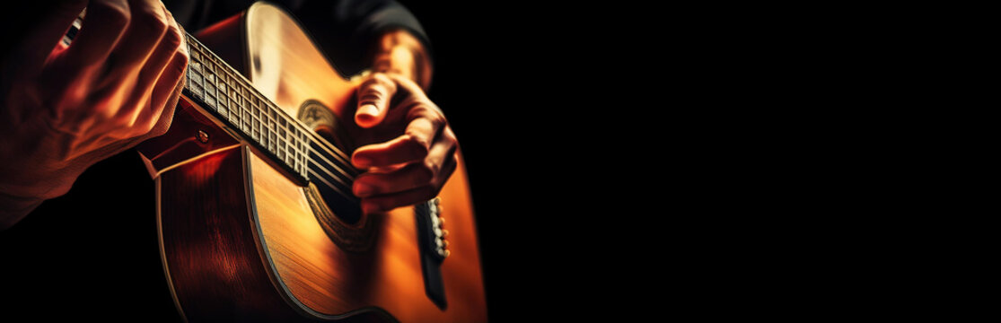 Extreme close-up of the expert hands of a guitarist as he plays a beautiful wooden acoustic guitar on a black dark background with copy space. String instrument concept. Generative Ai.