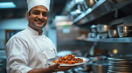 Indian male chef in a professional kitchen holding a prepared dish
