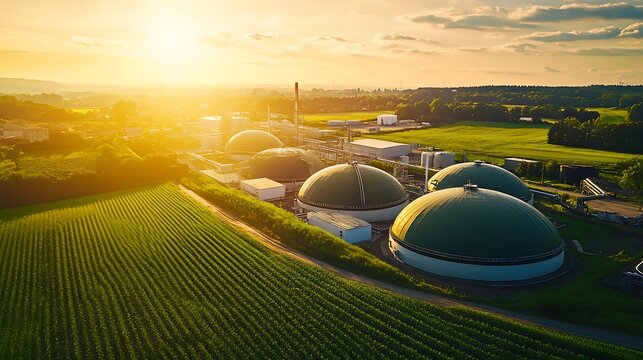 Wide-angle view of a biogas plant with clear details of dome-shaped tanks, compressors, and mechanical piping, framed by a bright sky and green fields