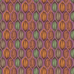 Cocoa vector seamless pattern. Chocolate cocoa beans background. Vector hand drawn illustration. Modern style illustration