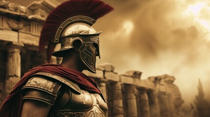 A roman soldier adorned with a striking red cape and a distinctive helmet