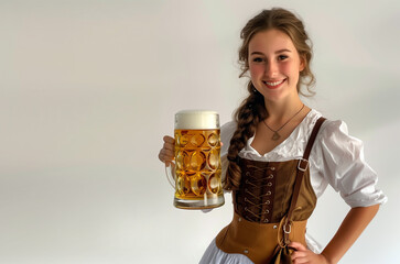 Germany Oktoberfest 20-something woman with a smile and bright eyes, holding handle of a large mug of beer