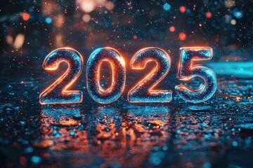 Neon 2025 sign with bokeh lights in wet reflection