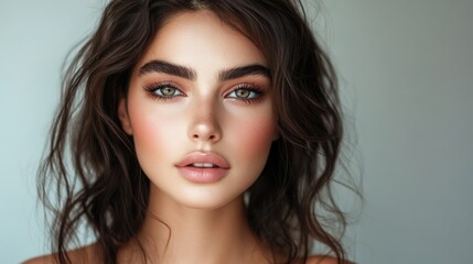 Naklejka premium A beautiful Persian woman with dark brown hair and soft pink blush, her gaze warm and